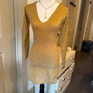 ⭐️ New Body Con Plunge Neck Sparkly Gold Lurex Dress Small